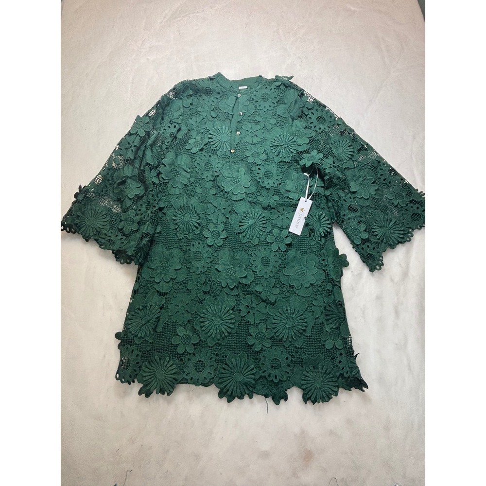 J. Marie Green Floral Guipure Lace Mini Dress Mandarin Collar XS JM4435-D NWT